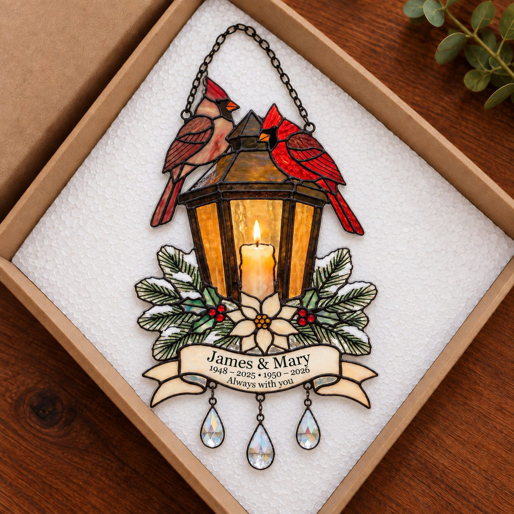 Personalized Cardinal Memorial Lantern Holographic Acrylic Suncatcher — In Loving Memory