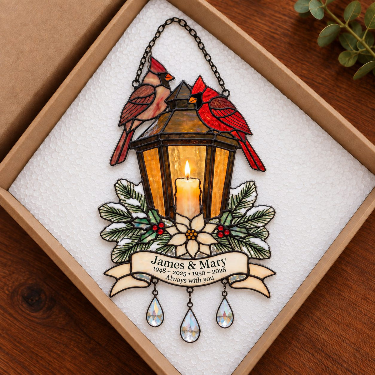 Personalized Cardinal Memorial Lantern Holographic Acrylic Suncatcher — In Loving Memory