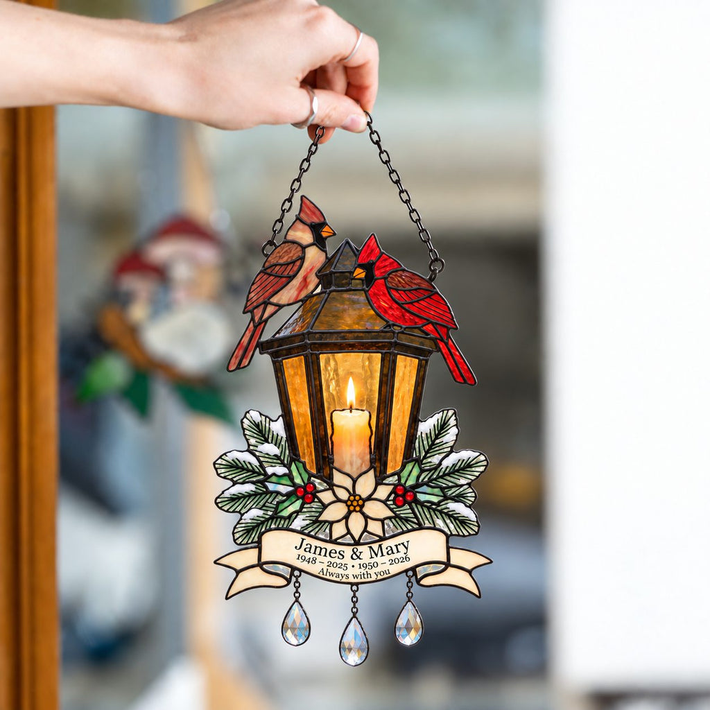 Personalized Cardinal Memorial Lantern Holographic Acrylic Suncatcher — In Loving Memory