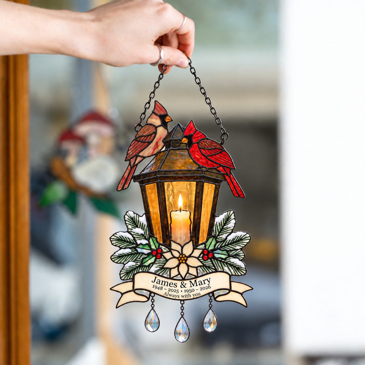 Personalized Cardinal Memorial Lantern Holographic Acrylic Suncatcher — In Loving Memory