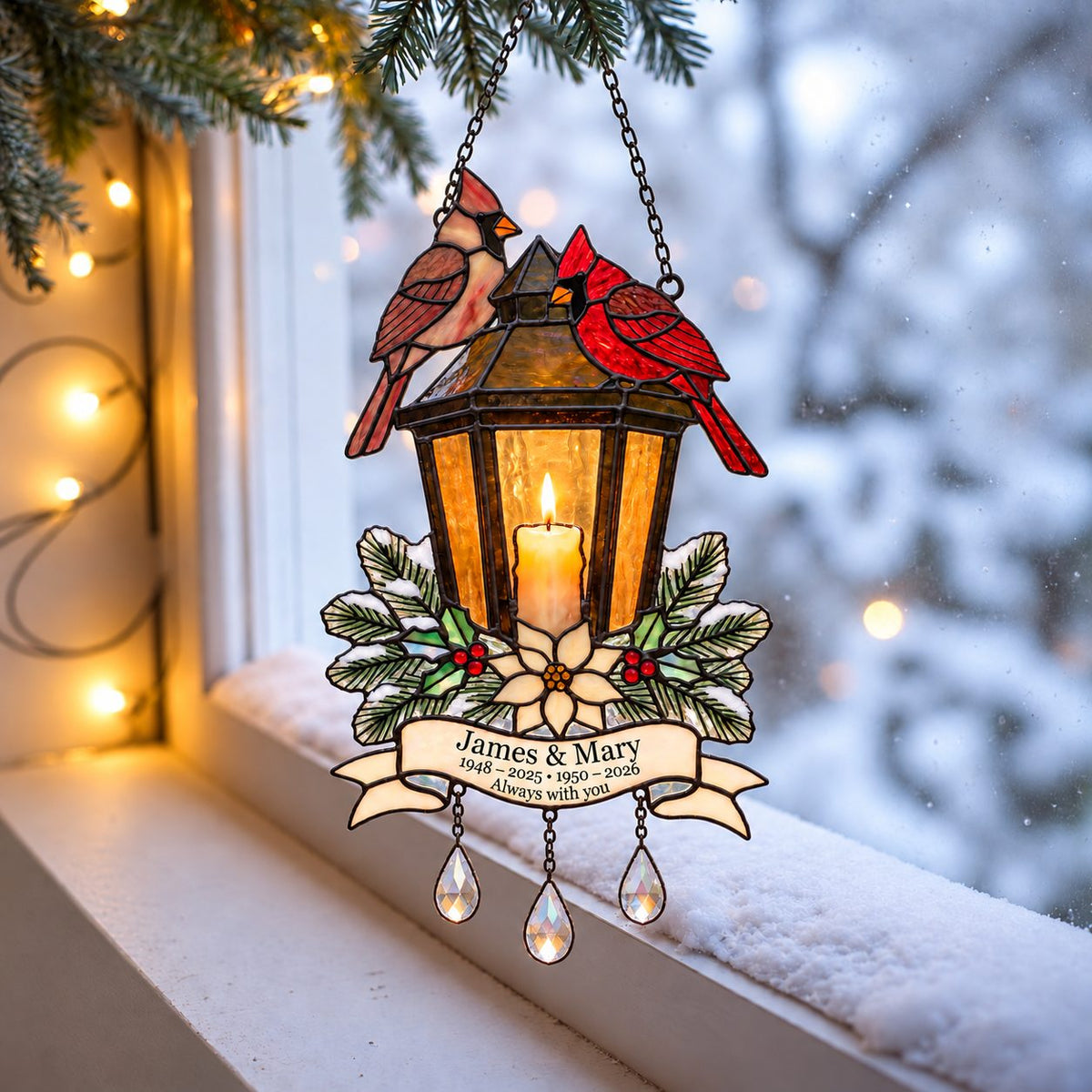 Personalized Cardinal Memorial Lantern Holographic Acrylic Suncatcher — In Loving Memory