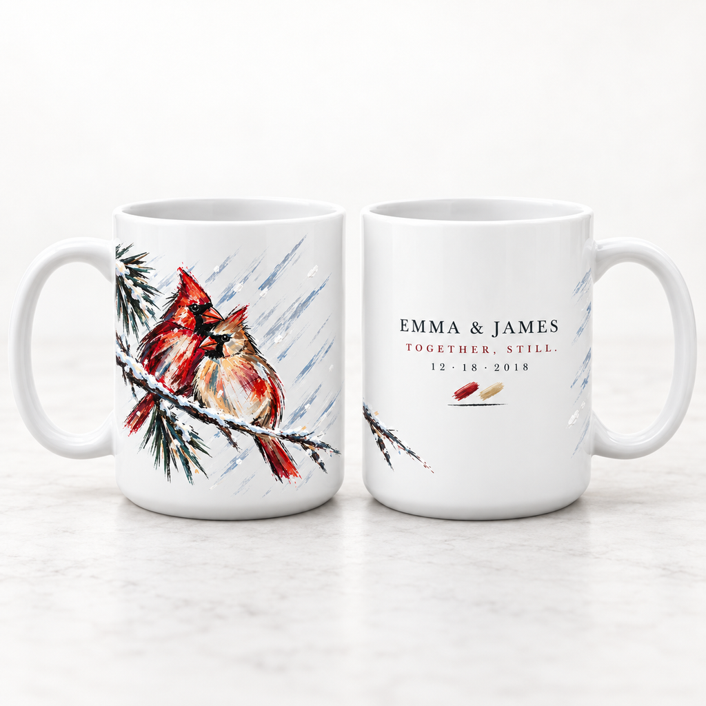 Personalized cardinal couple mug shown front and back, watercolor cardinals on one side and the names Emma and James with their date on the other