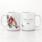 Personalized cardinal couple mug shown front and back, watercolor cardinals on one side and the names Emma and James with their date on the other