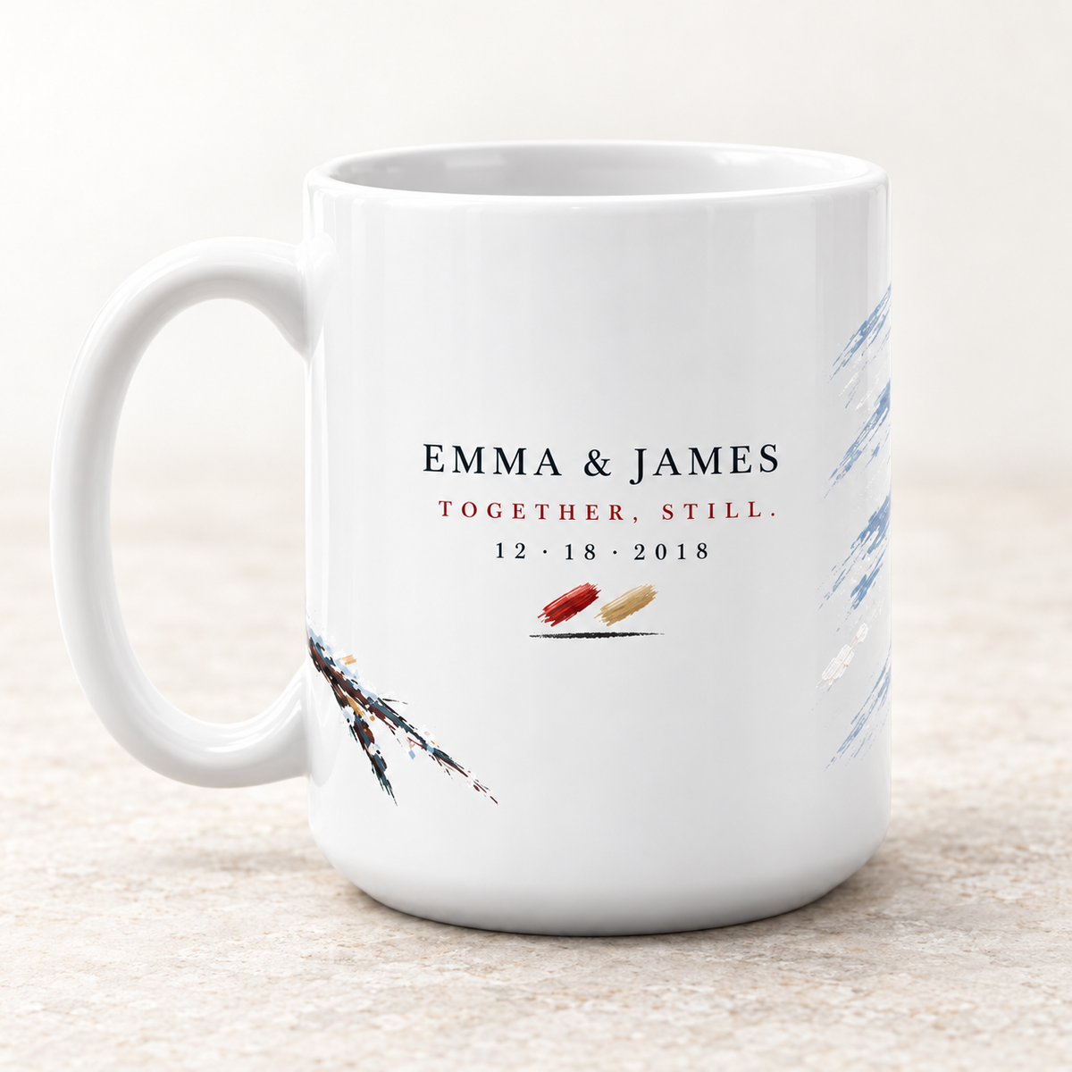 Back of the cardinal mug personalized with Emma and James, the line Together still, and the date 12 18 2018