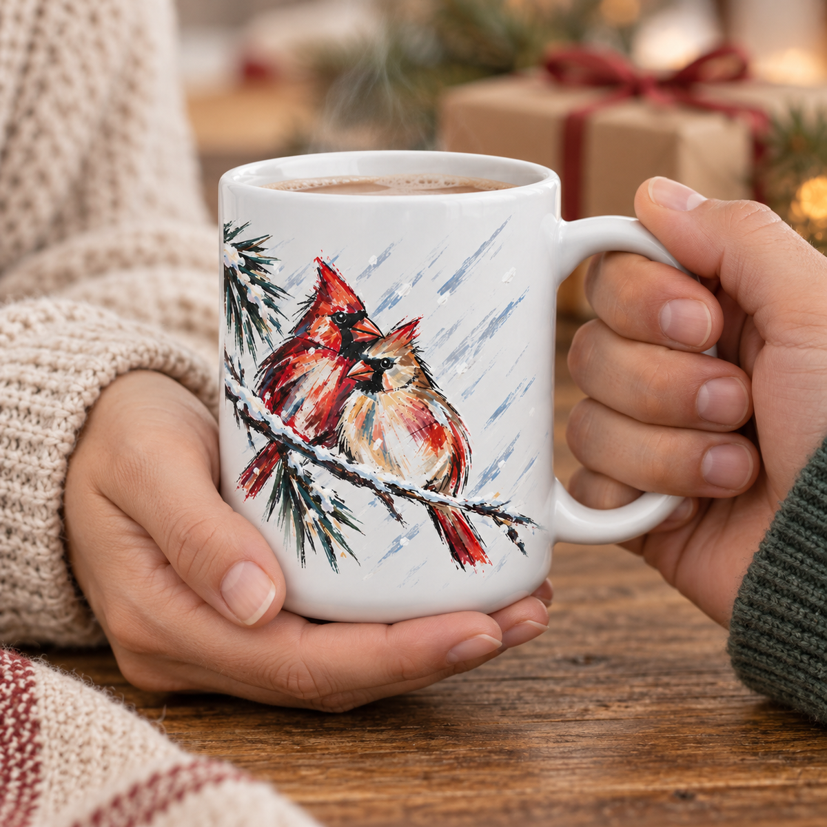 Two hands in a cream knit sweater holding the cardinal couple mug beside wrapped gifts