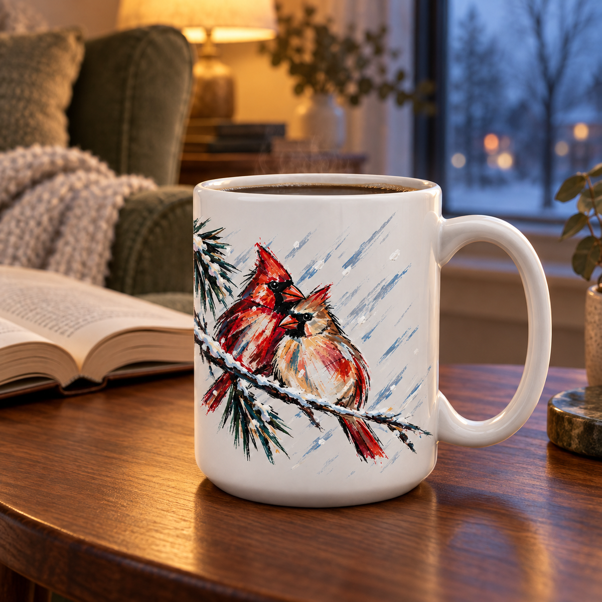 Cardinal couple mug on a dark wood table next to an open book and a snowy window