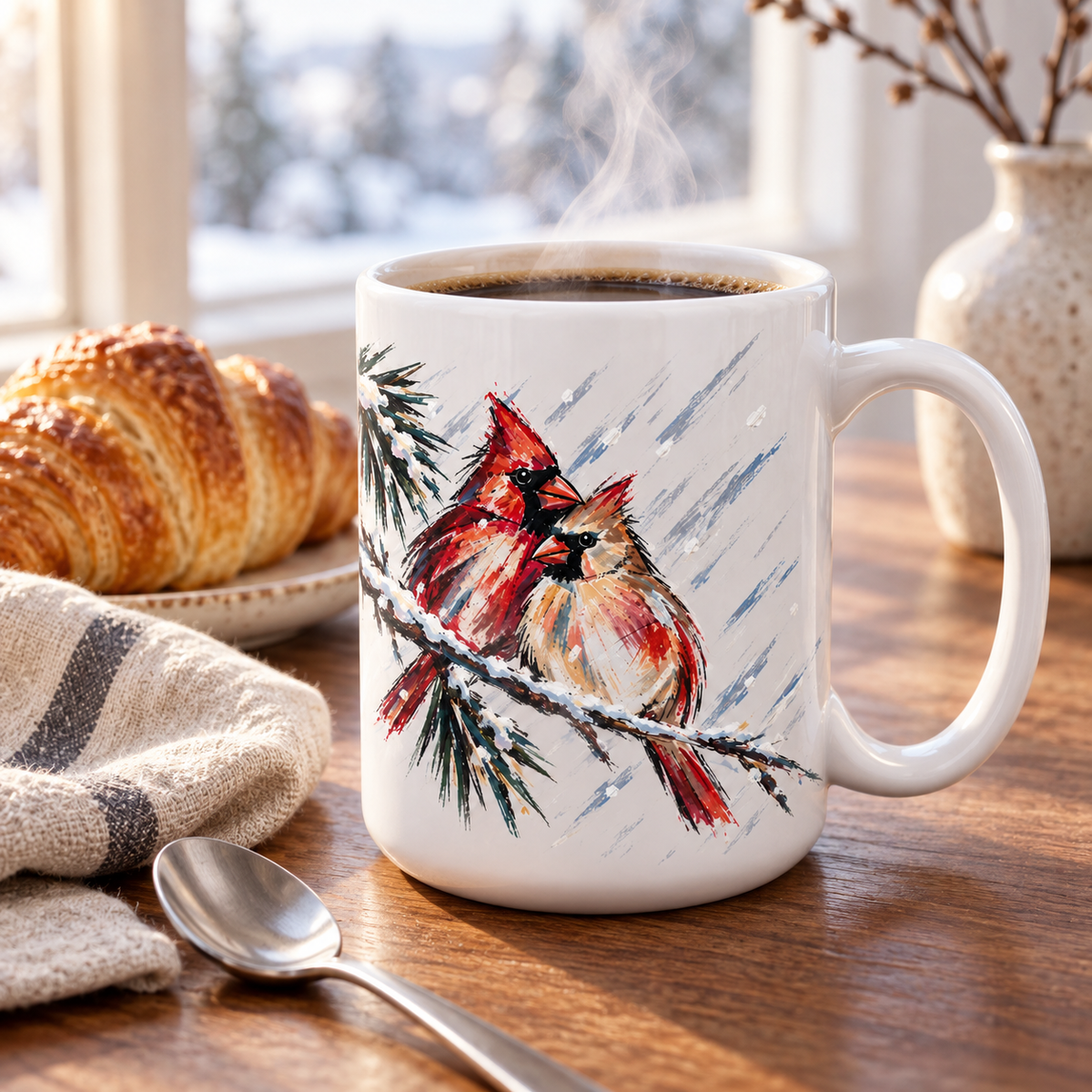 Cardinal couple mug of black coffee on a breakfast table with a croissant and a winter window behind