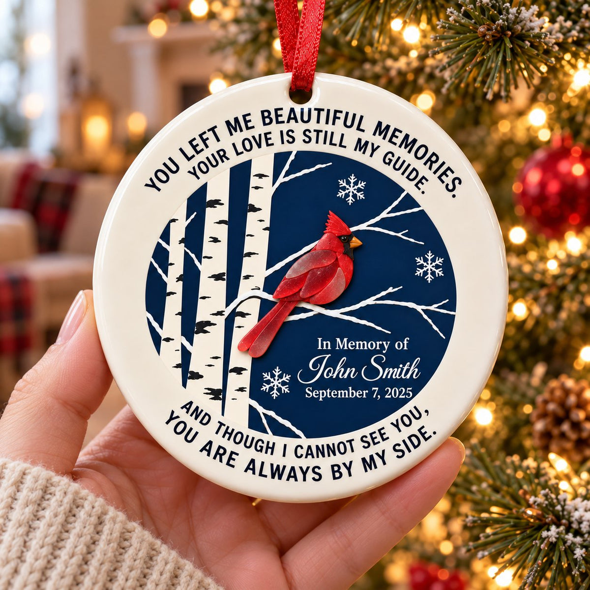 Personalized Cardinal Memorial Ceramic Christmas Ornament — You Left Me Beautiful Memories