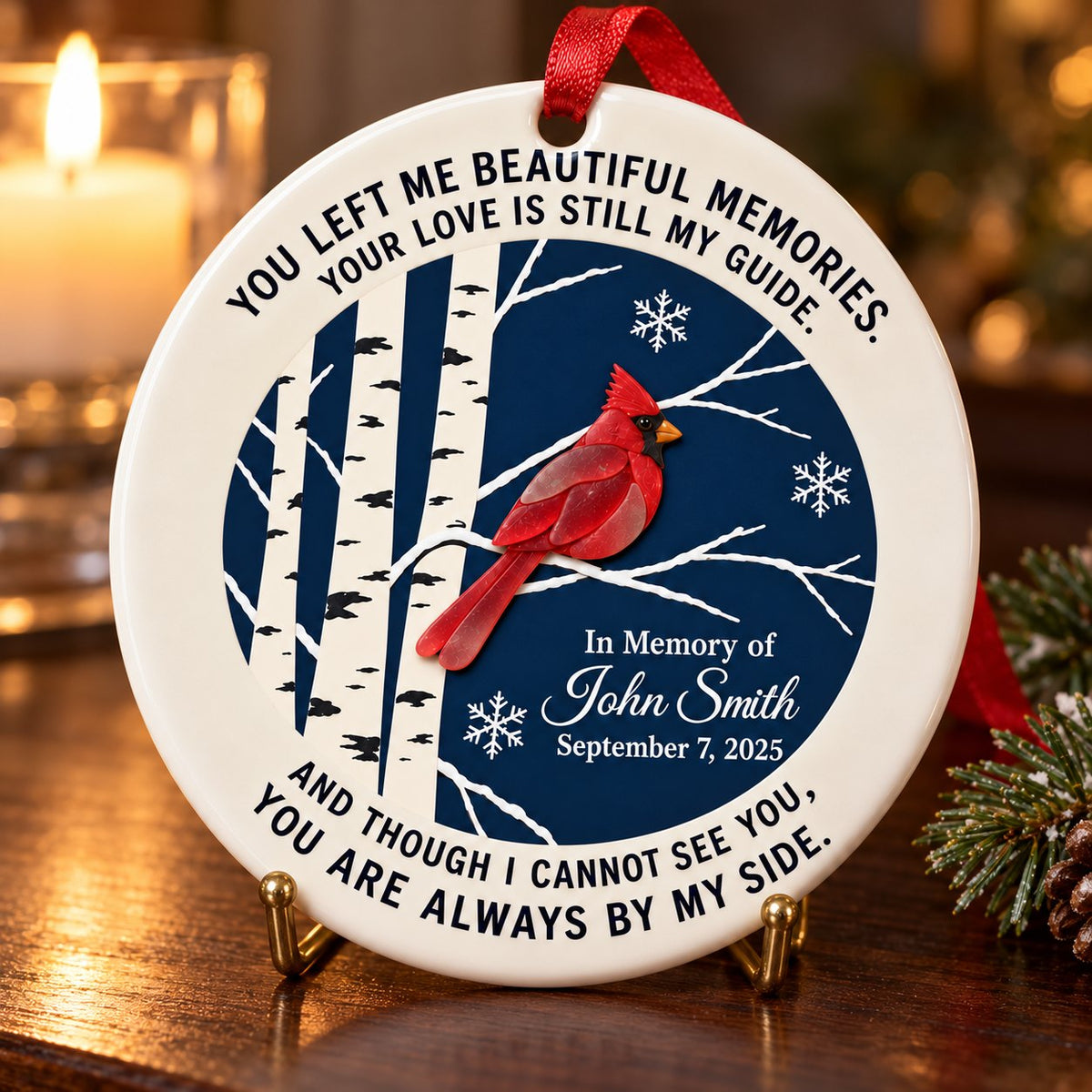 Personalized Cardinal Memorial Ceramic Christmas Ornament — You Left Me Beautiful Memories