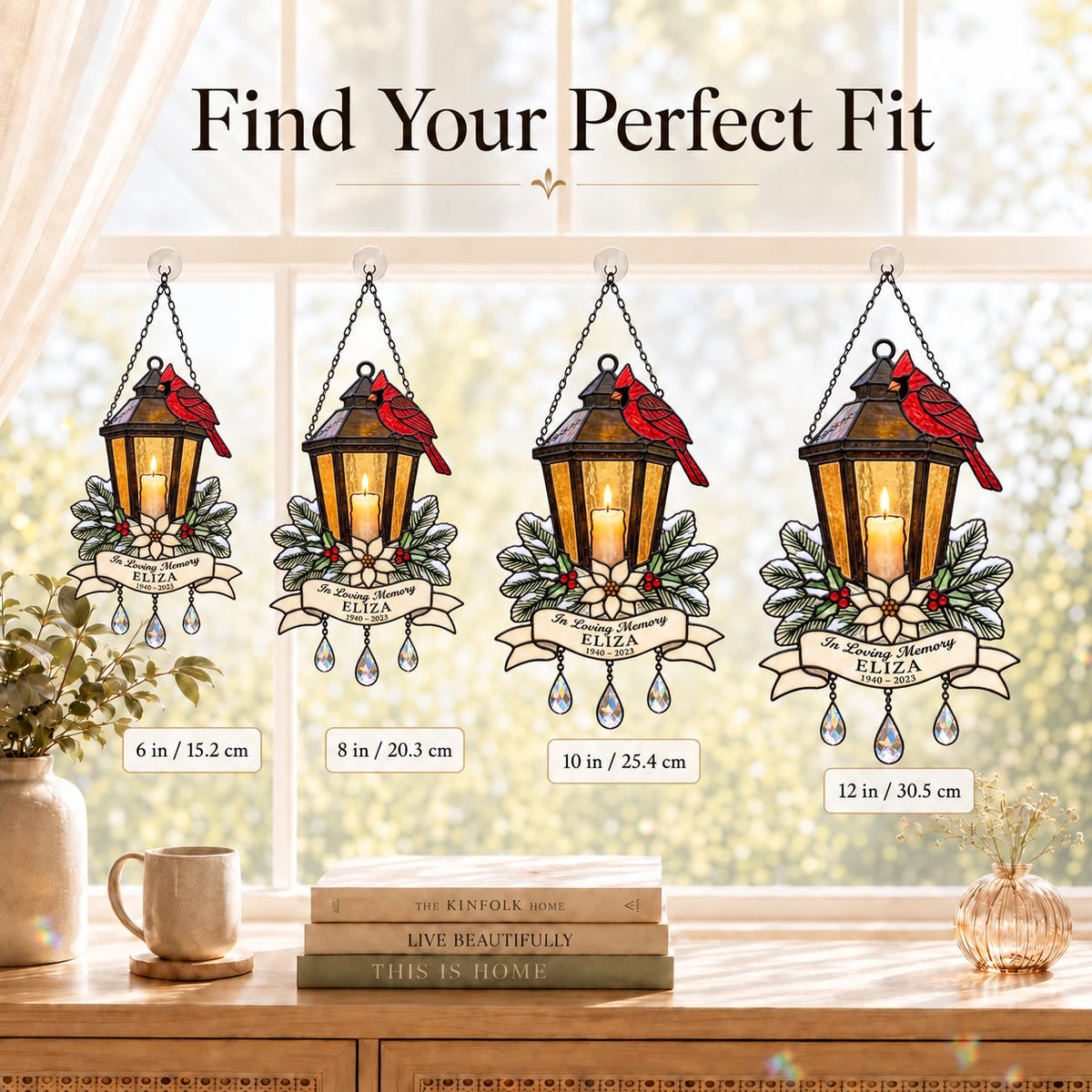 Personalized Cardinal Memorial Lantern Holographic Acrylic Suncatcher — In Loving Memory