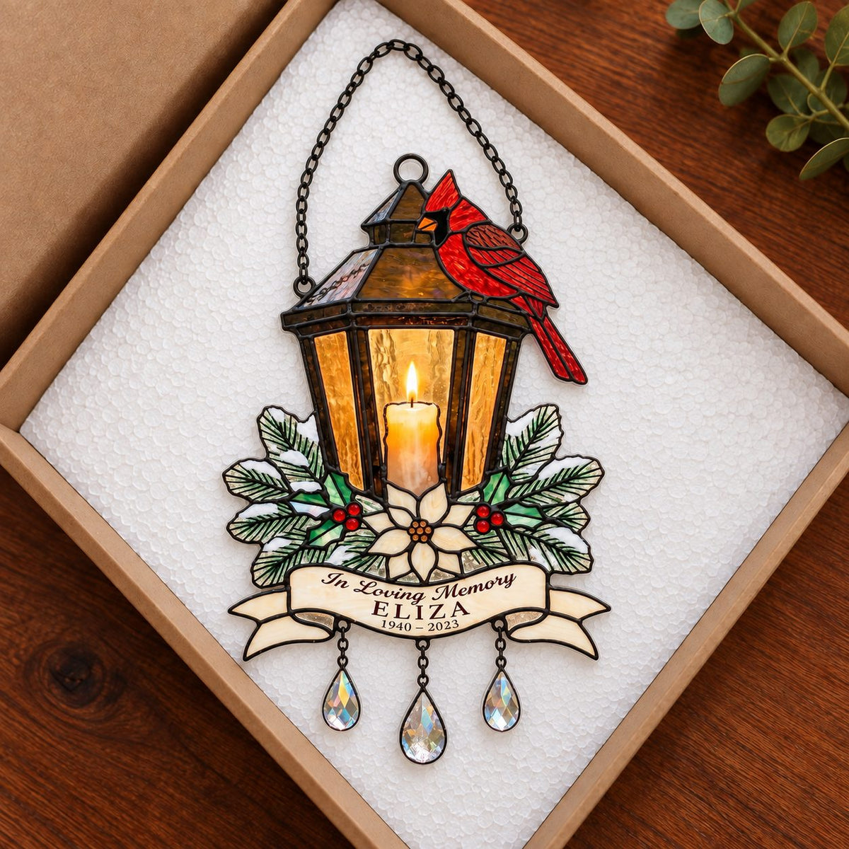 Personalized Cardinal Memorial Lantern Holographic Acrylic Suncatcher — In Loving Memory
