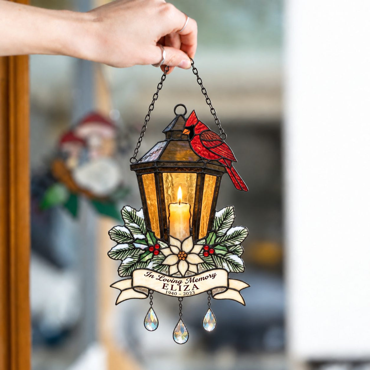 Personalized Cardinal Memorial Lantern Holographic Acrylic Suncatcher — In Loving Memory
