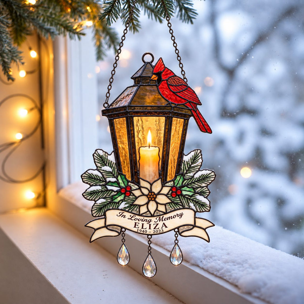 Personalized Cardinal Memorial Lantern Holographic Acrylic Suncatcher — In Loving Memory