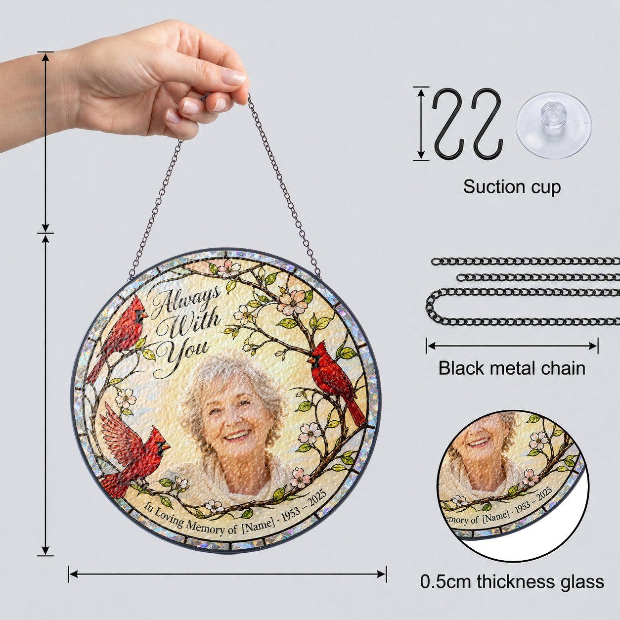 Personalized cardinal photo memorial suncatcher details