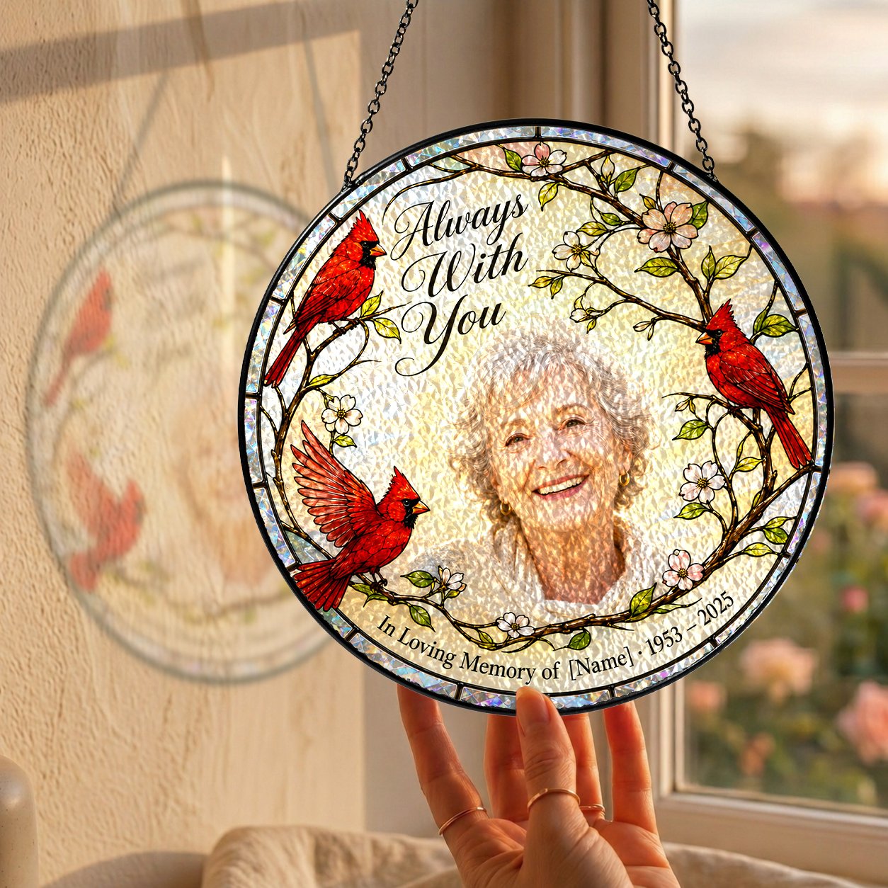 Personalized cardinal photo memorial suncatcher view 4