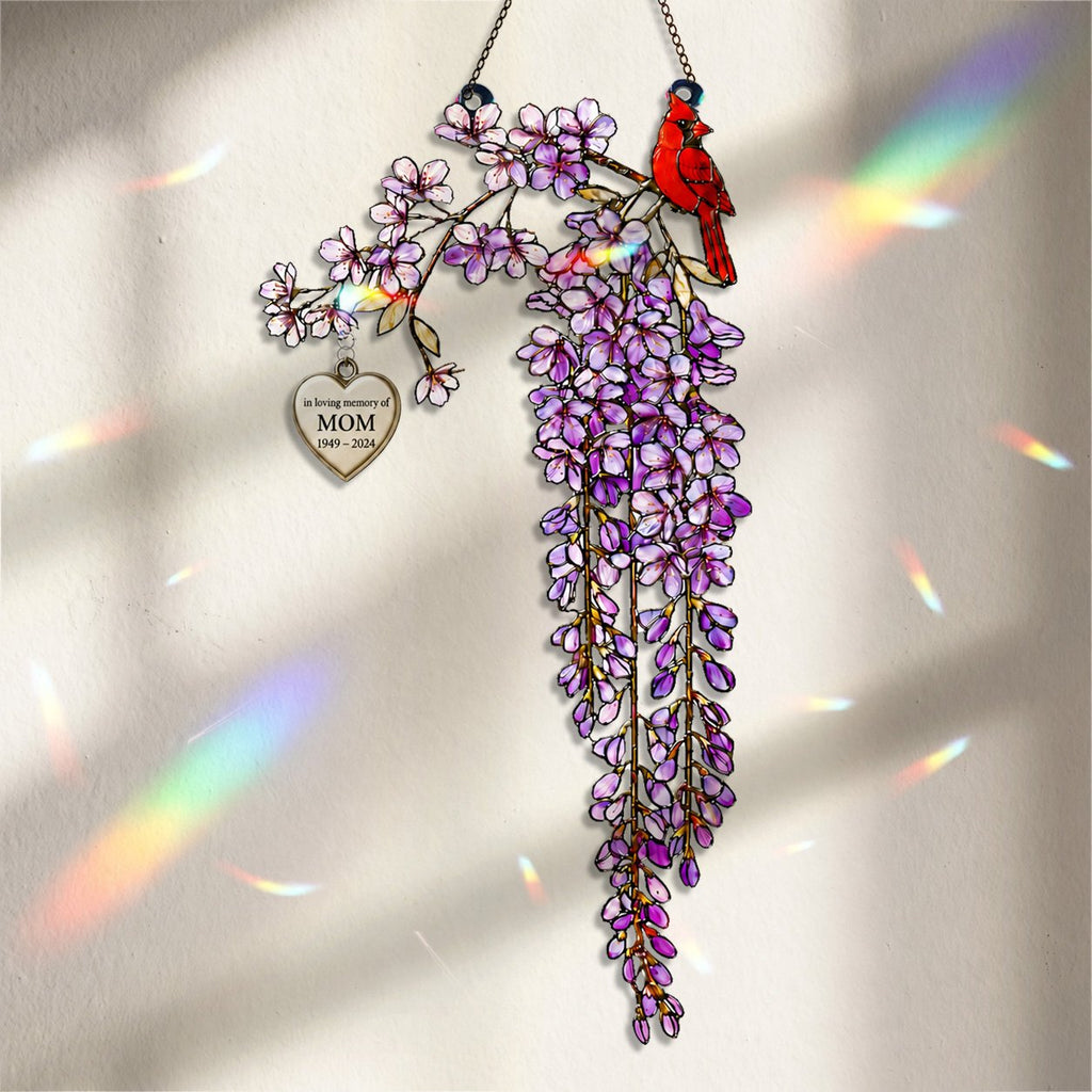 Personalized cardinal wisteria memorial crystal suncatcher