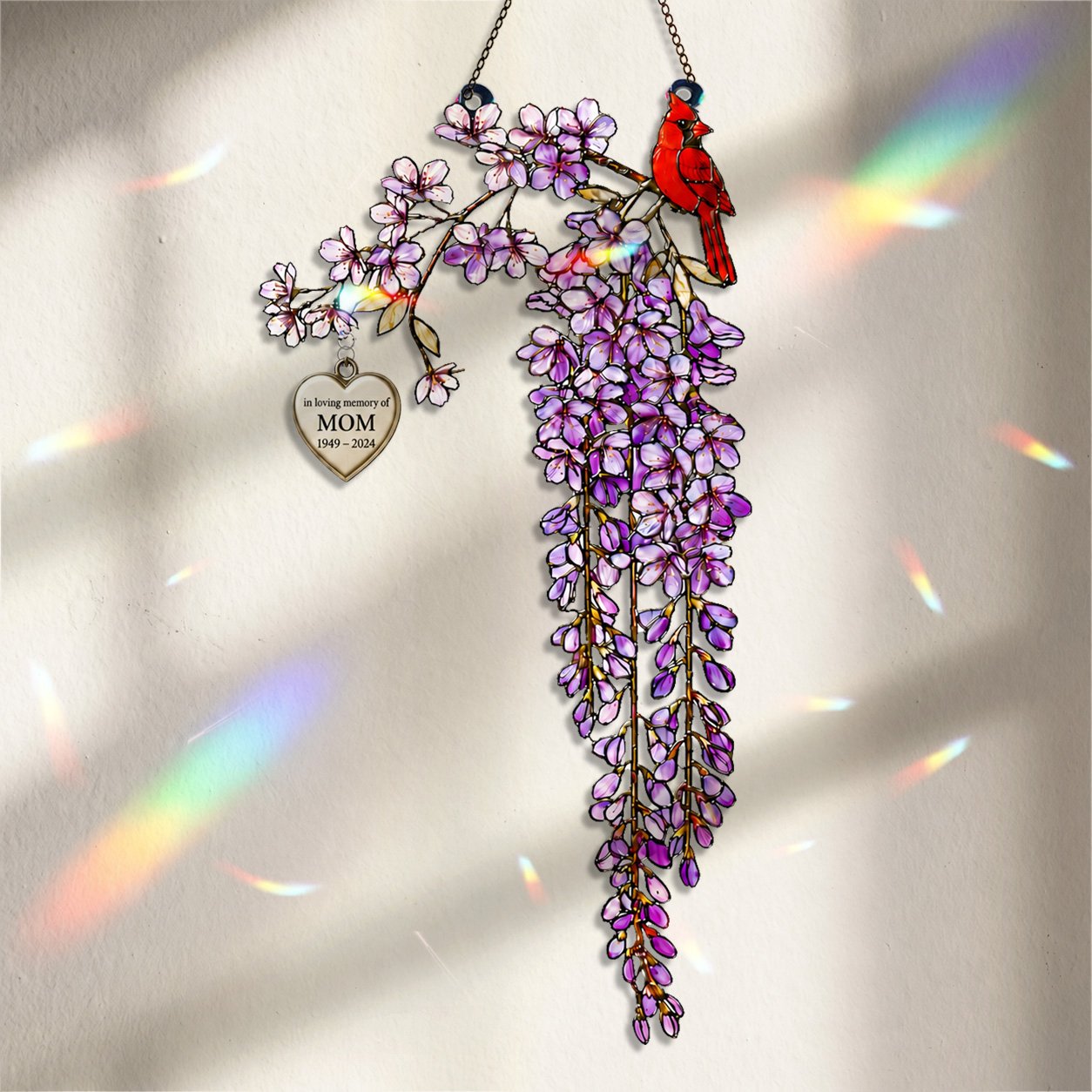 Personalized cardinal wisteria memorial crystal suncatcher
