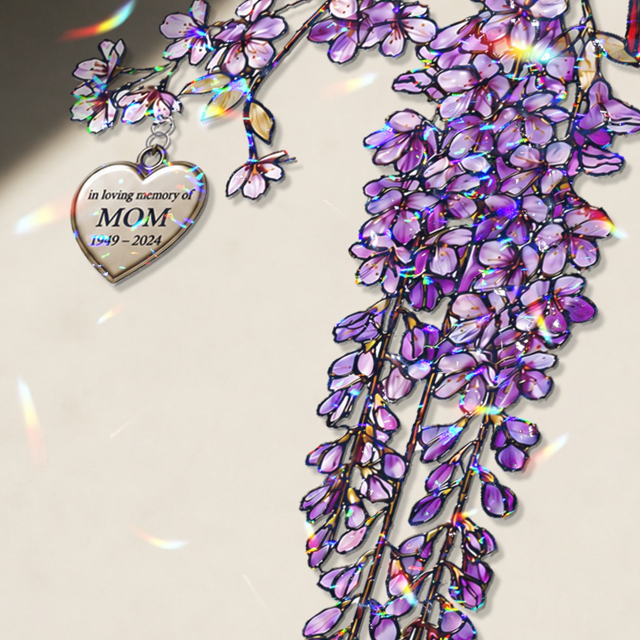 Personalized cardinal wisteria memorial crystal suncatcher in a window