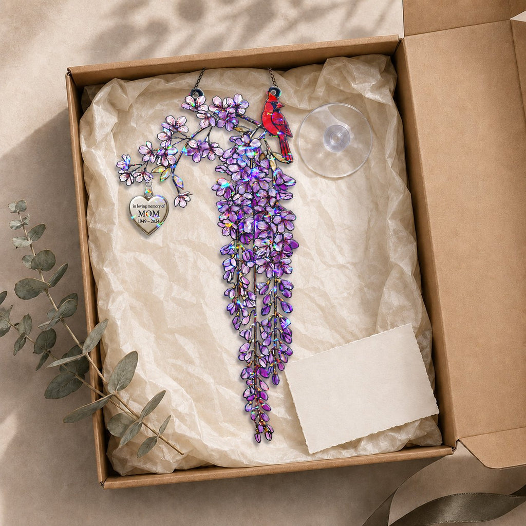 Personalized cardinal wisteria memorial crystal suncatcher charm