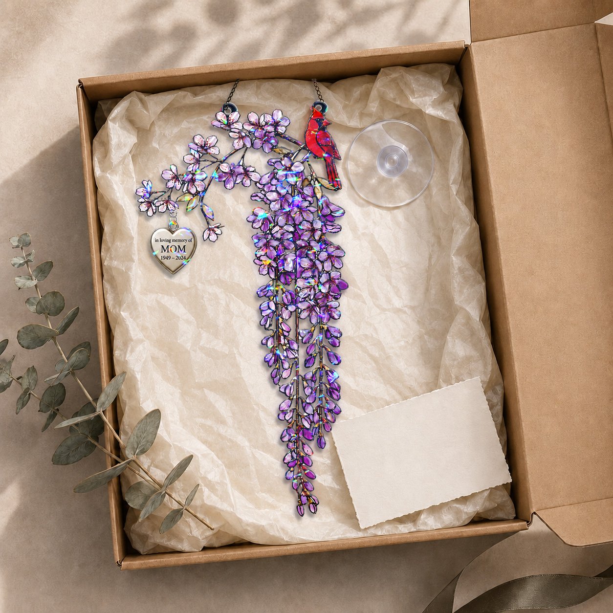 Personalized cardinal wisteria memorial crystal suncatcher charm