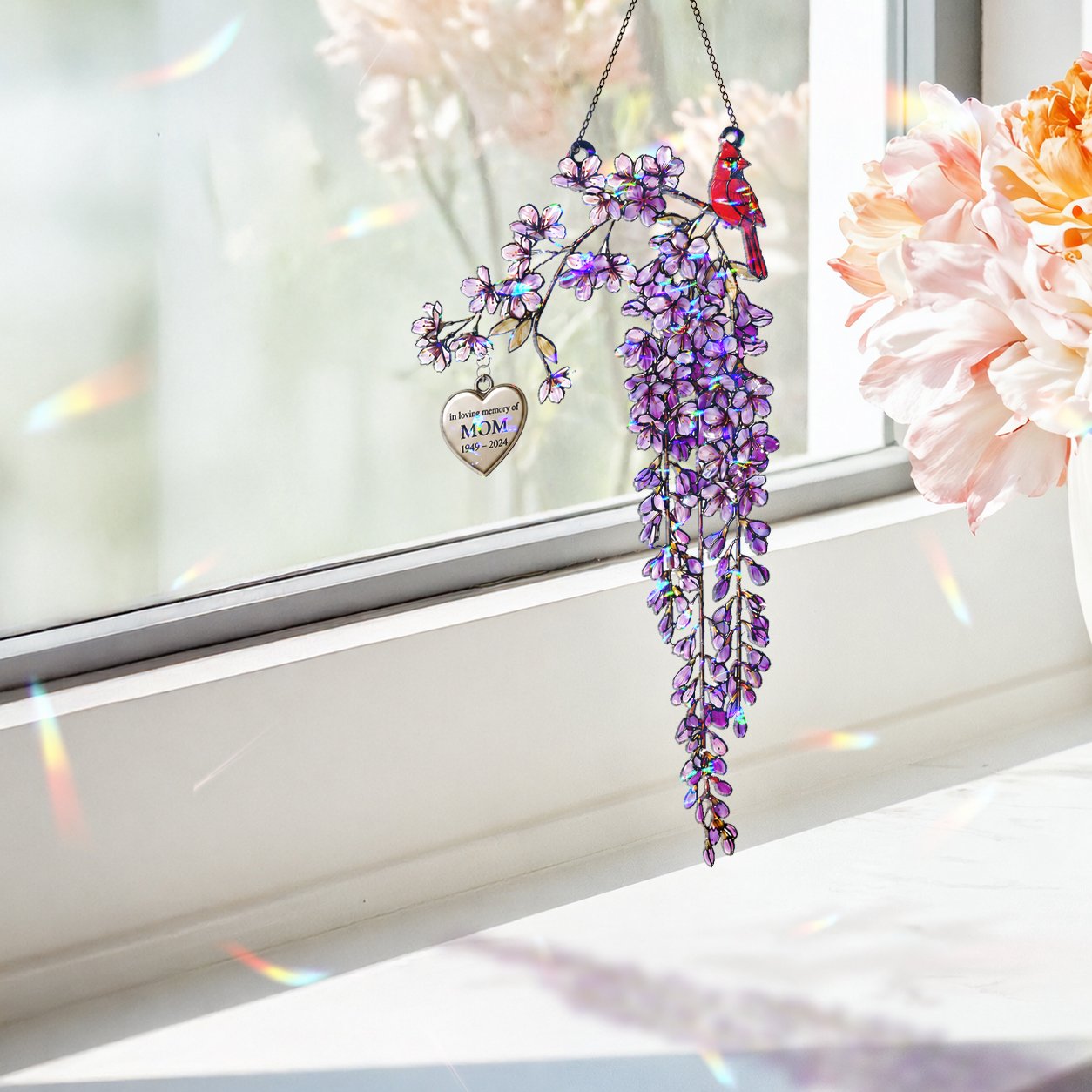 Personalized cardinal wisteria memorial crystal suncatcher