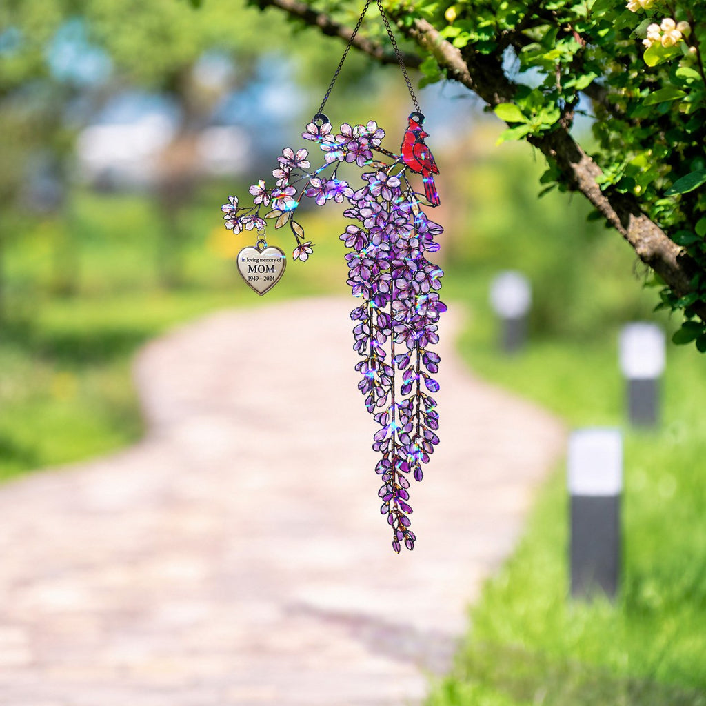 Personalized cardinal wisteria memorial crystal suncatcher