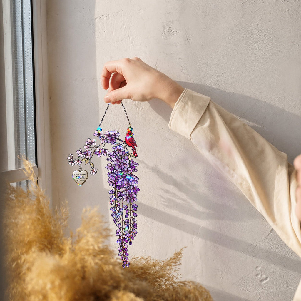 Personalized cardinal wisteria memorial crystal suncatcher