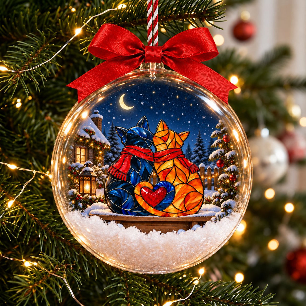 Personalized Cat Couple in Scarves Snowy Christmas Bauble Ornament