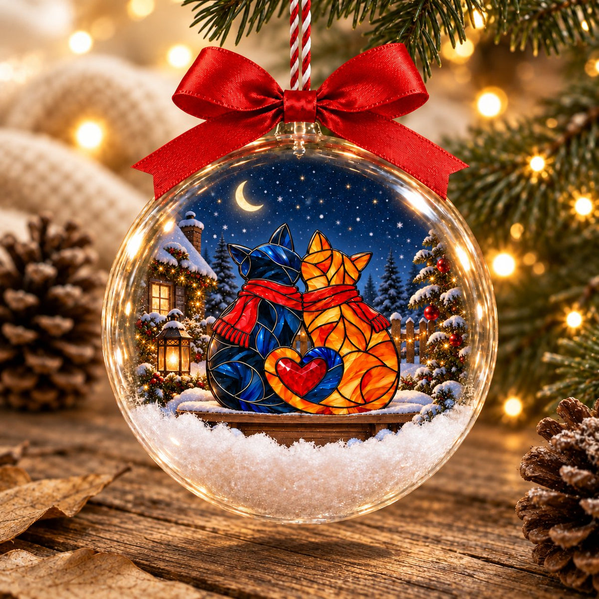 Personalized Cat Couple in Scarves Snowy Christmas Bauble Ornament