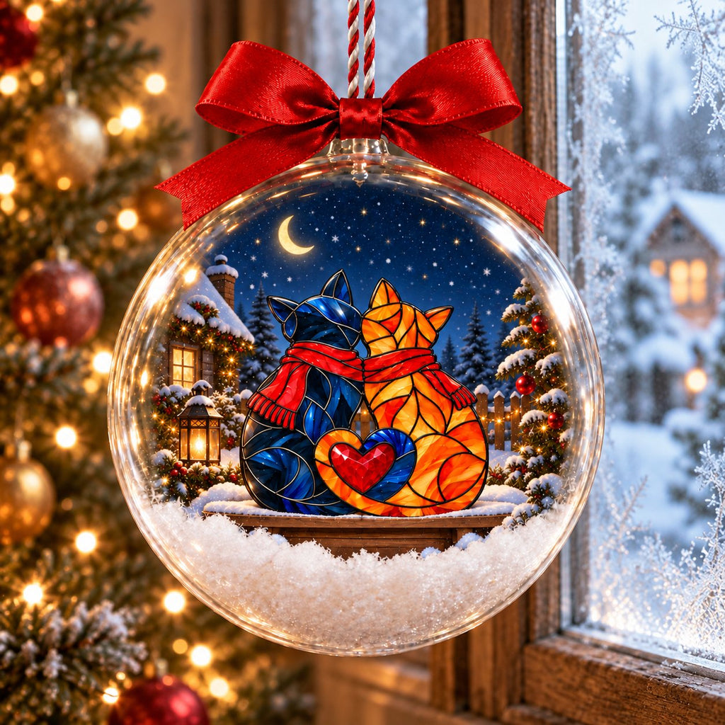 Personalized Cat Couple in Scarves Snowy Christmas Bauble Ornament
