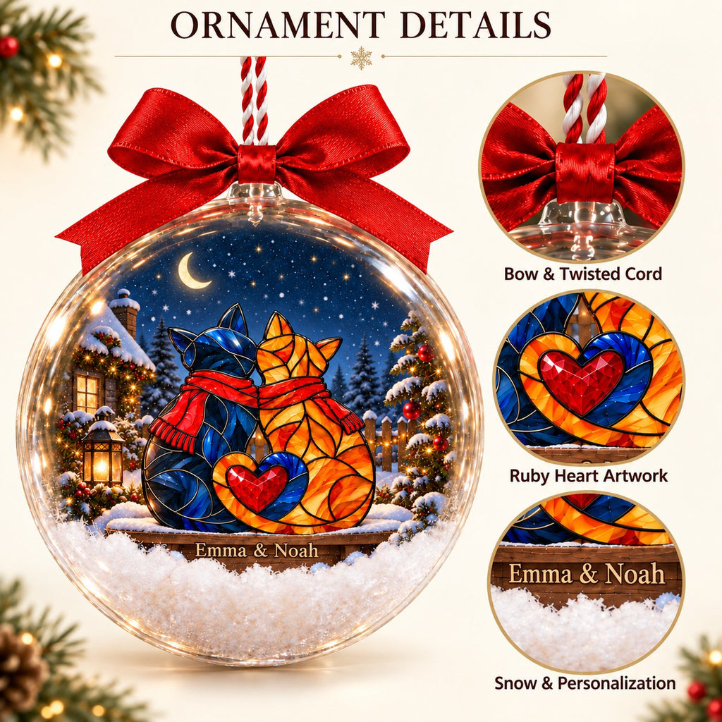 Personalized Cat Couple in Scarves Snowy Christmas Bauble Ornament