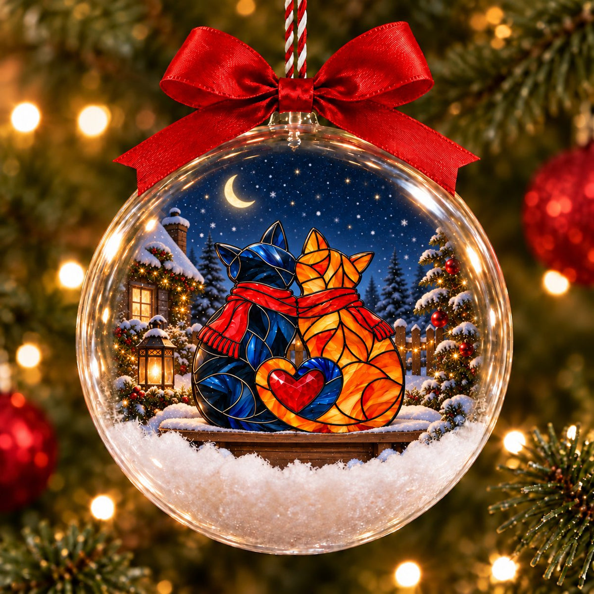 Personalized Cat Couple in Scarves Snowy Christmas Bauble Ornament