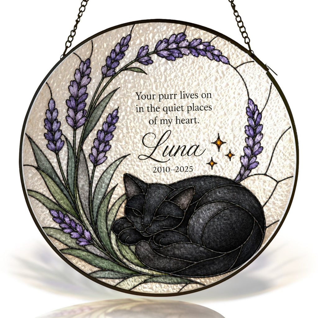 Personalized cat memorial stained glass suncatcher – black cat & lavender