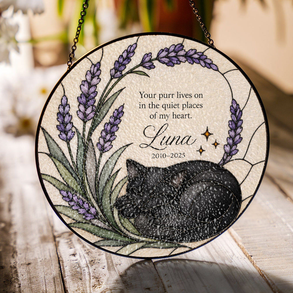 Black cat memorial suncatcher with lavender