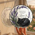 Black cat memorial stained glass suncatcher with lavender