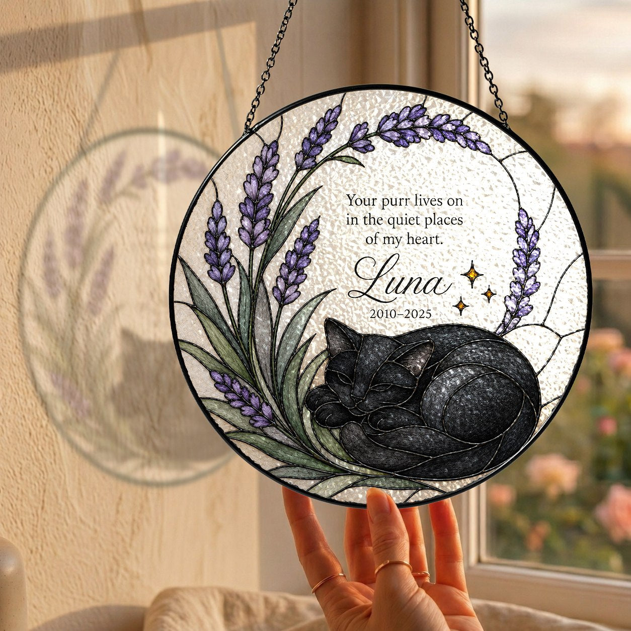 Black cat memorial stained glass suncatcher with lavender