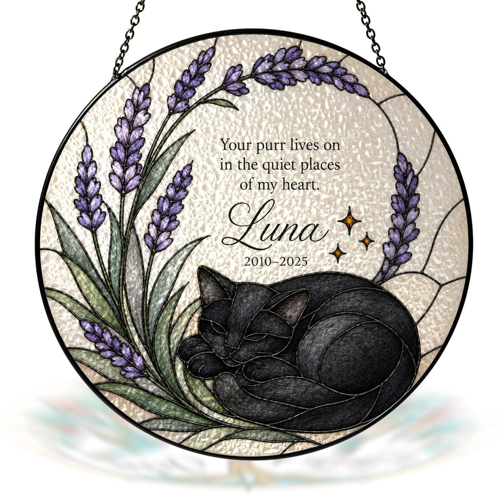 Black cat memorial stained glass suncatcher with lavender 07