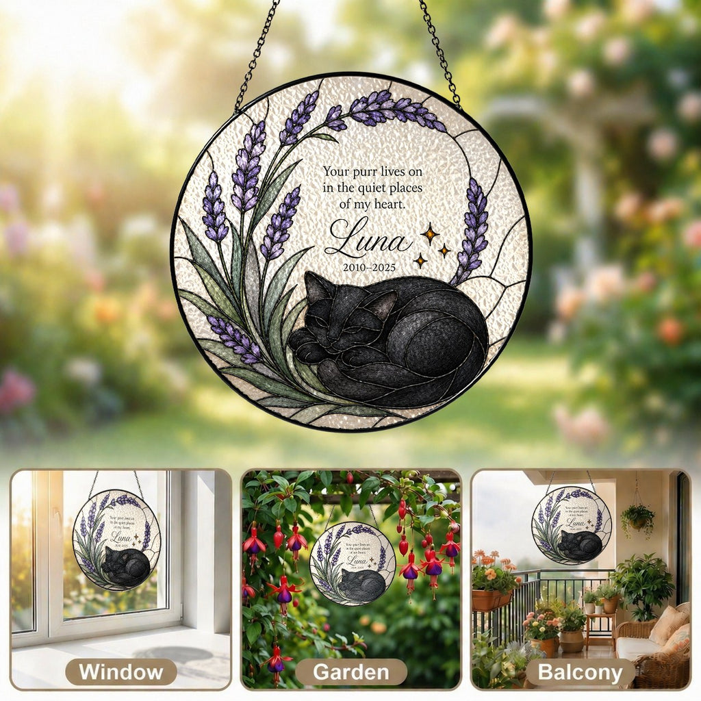 Black cat memorial stained glass suncatcher with lavender 08