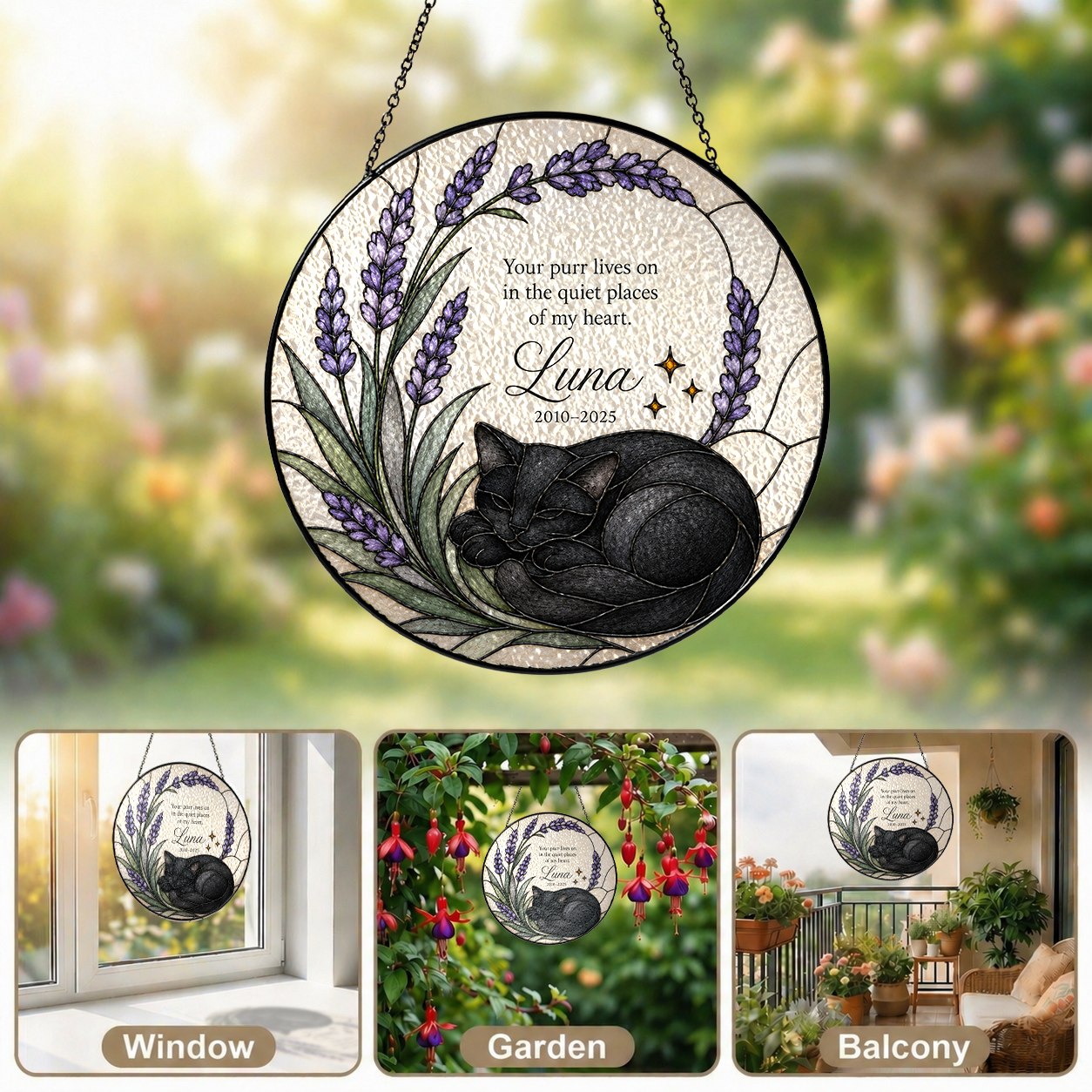 Black cat memorial stained glass suncatcher with lavender 08