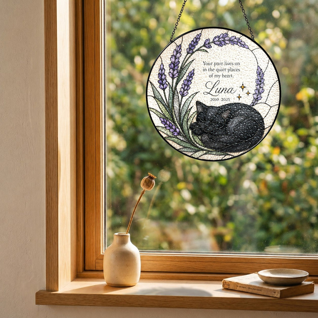 Black cat memorial stained glass suncatcher with lavender 09