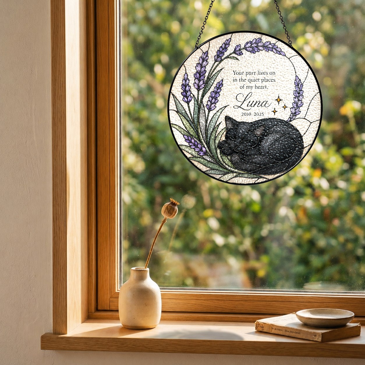 Black cat memorial stained glass suncatcher with lavender 09