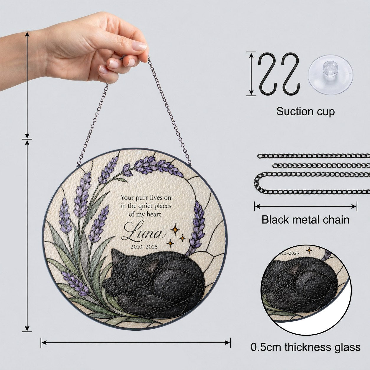 Black cat memorial stained glass suncatcher with lavender 10