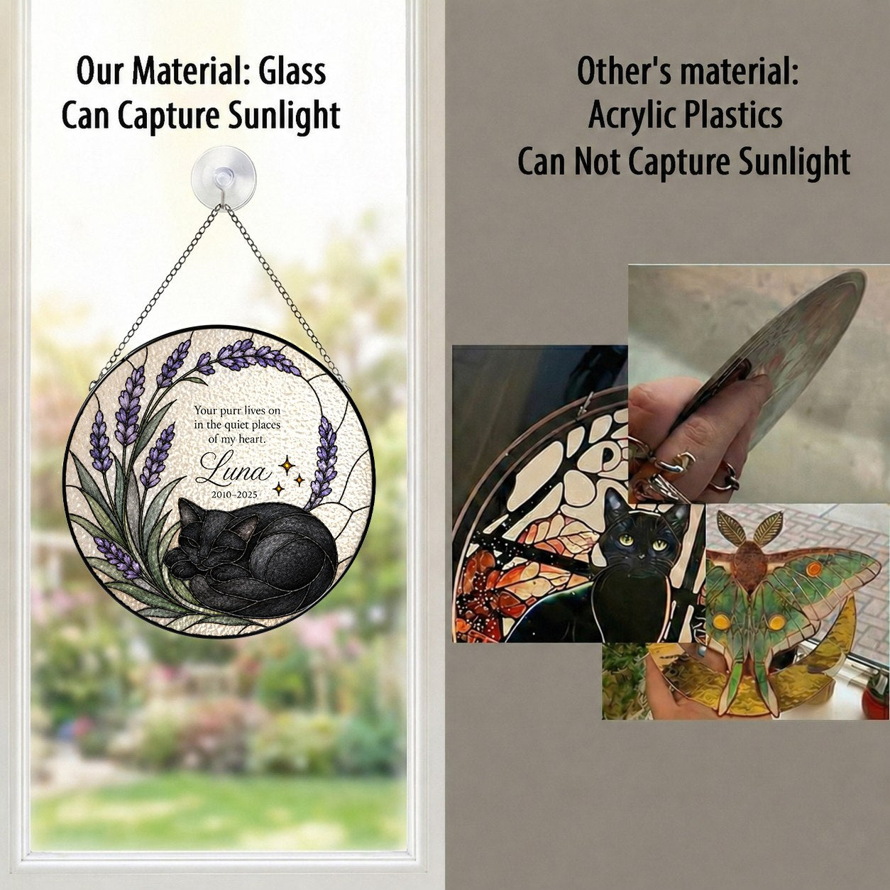 Black cat memorial stained glass suncatcher with lavender 11