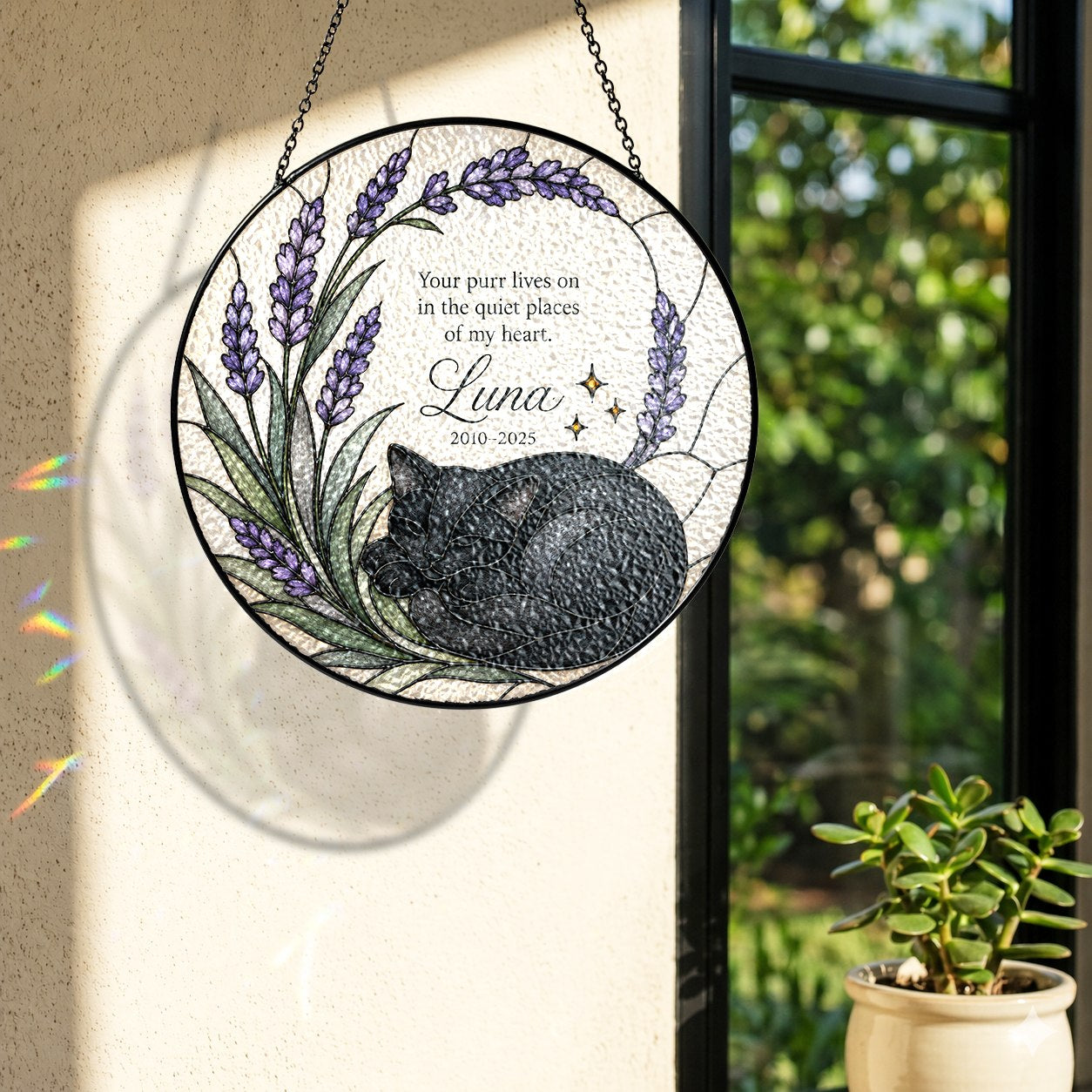 Black cat memorial stained glass suncatcher with lavender 12