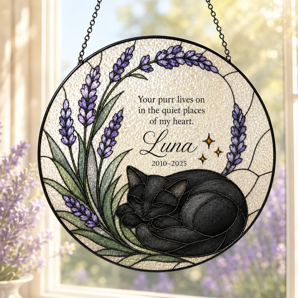 Black cat memorial stained glass suncatcher with lavender 13