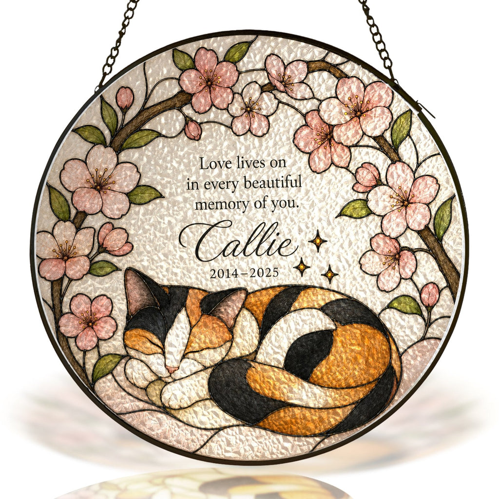 Calico cat memorial stained glass suncatcher with cherry blossom