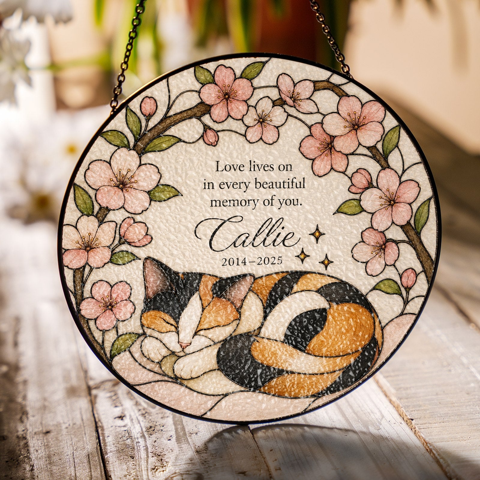 Calico cat memorial stained glass suncatcher with cherry blossom 02