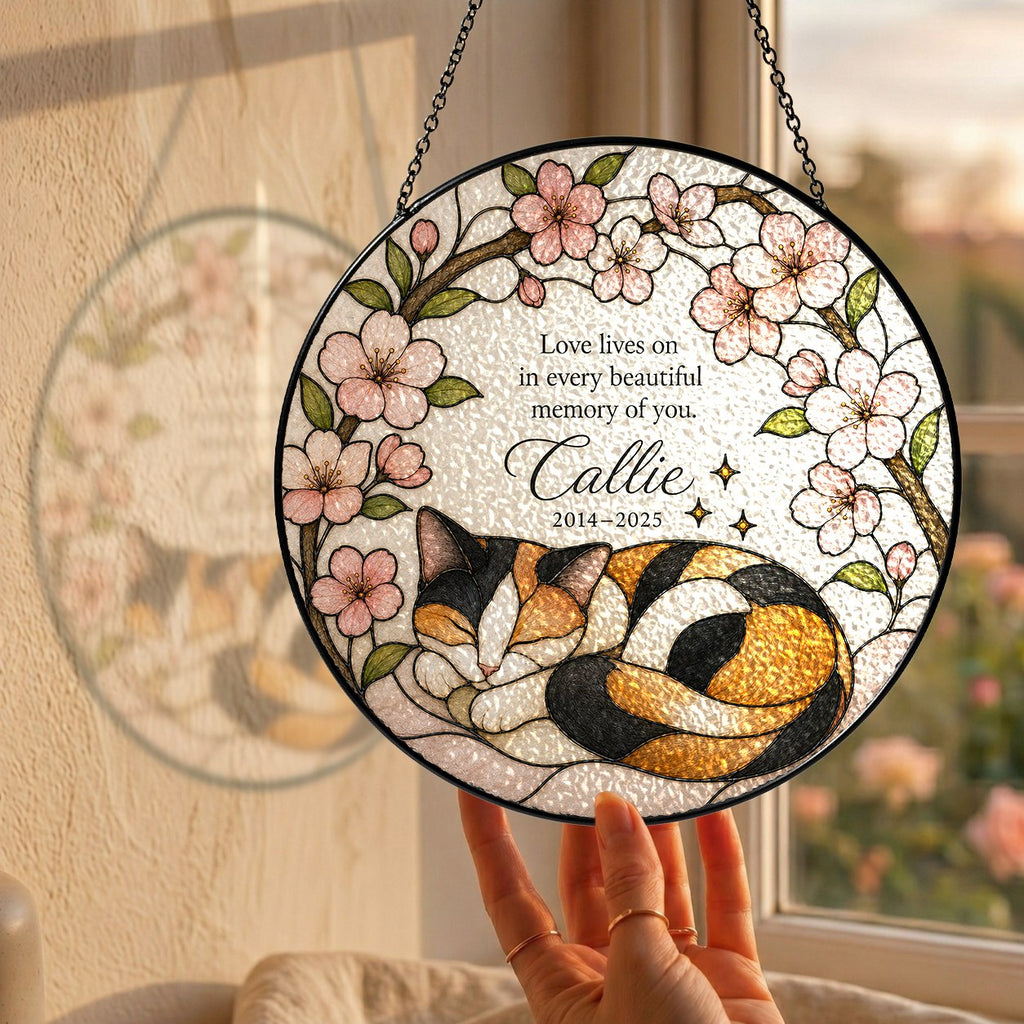 Calico cat memorial stained glass suncatcher with cherry blossom 04