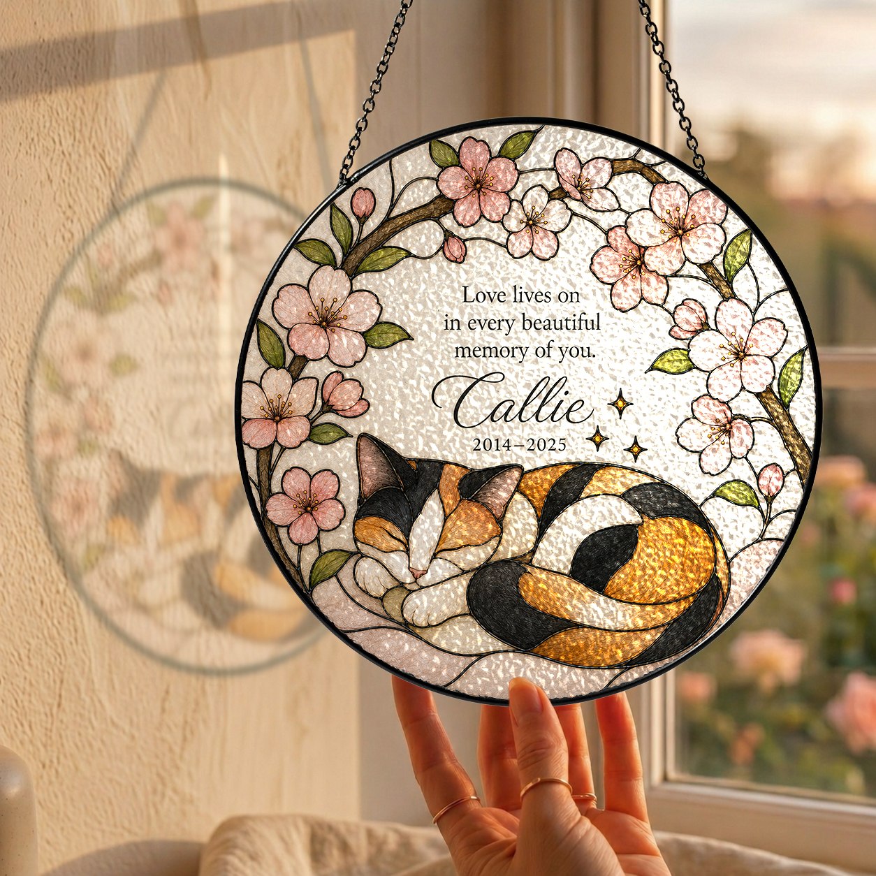 Calico cat memorial stained glass suncatcher with cherry blossom 04
