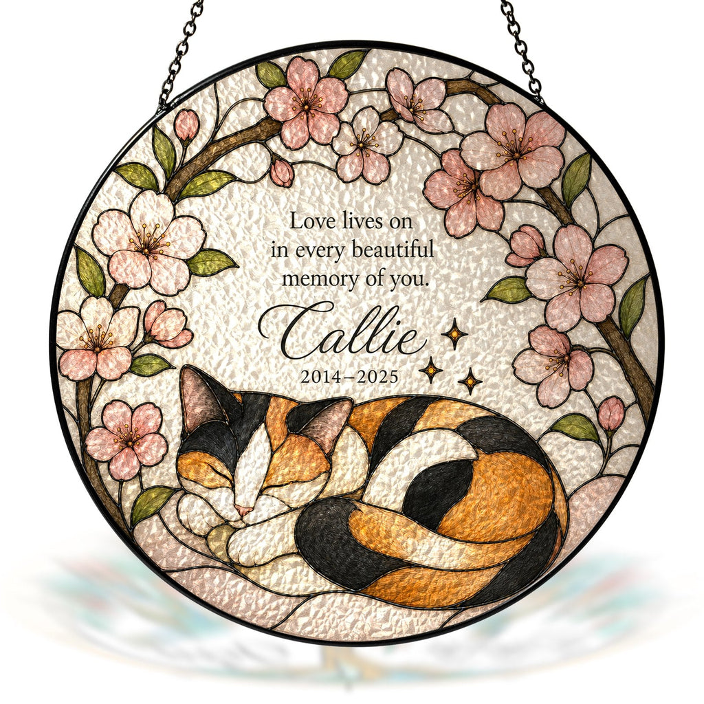 Calico cat memorial stained glass suncatcher with cherry blossom 07